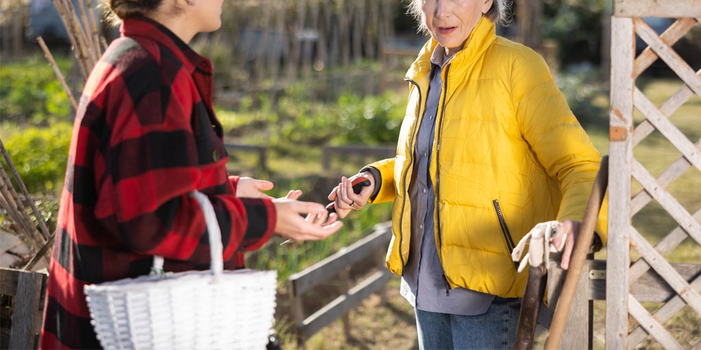 Two neighbours chatting outside
